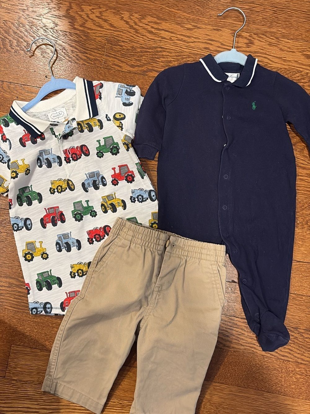 Ralph Lauren Navy Footed Polo One-Piece with White Tractor Polo & Tan Pants
